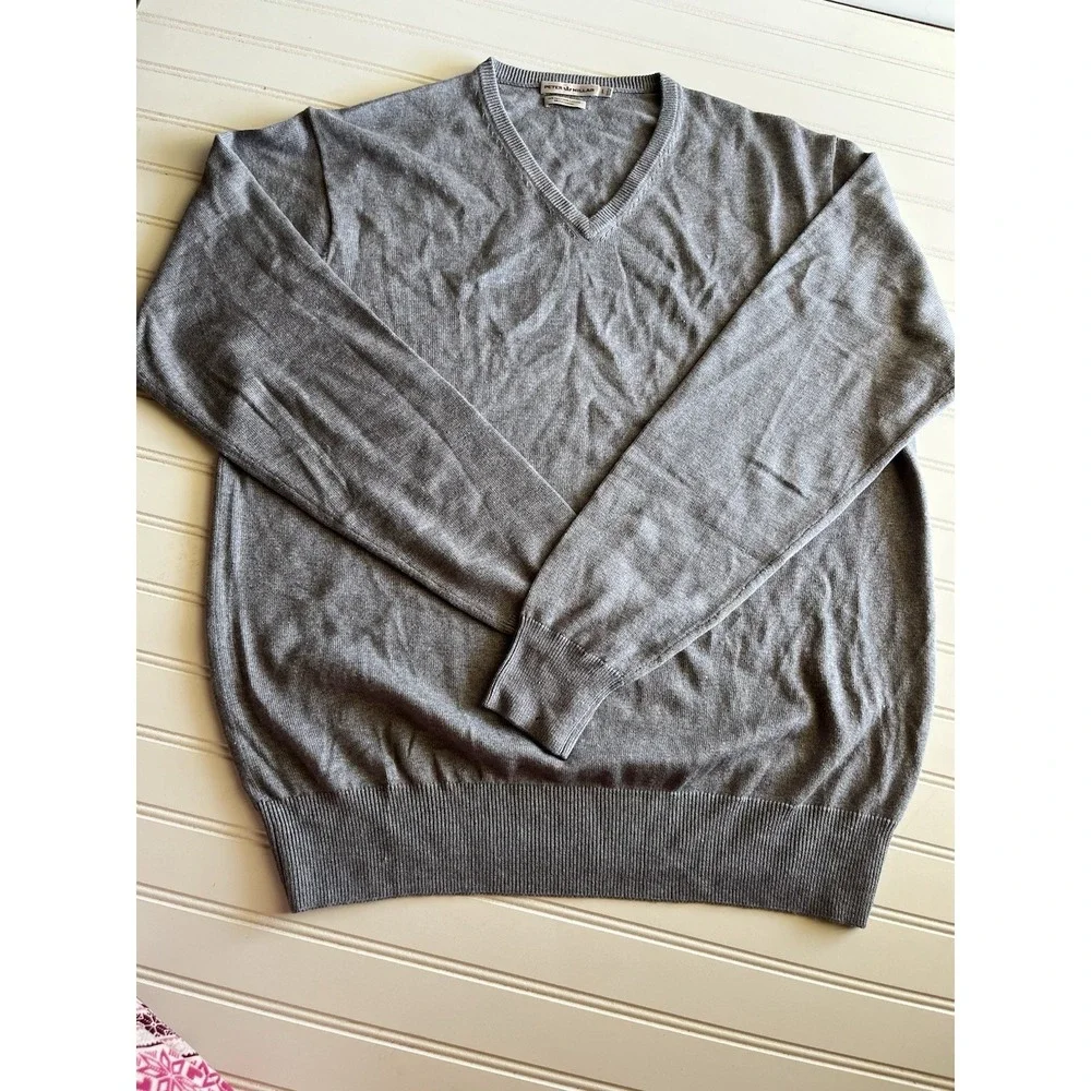 Peter Millar Gray V-Neck Sweater Men's Large Silk Cotton Cashmere Knit